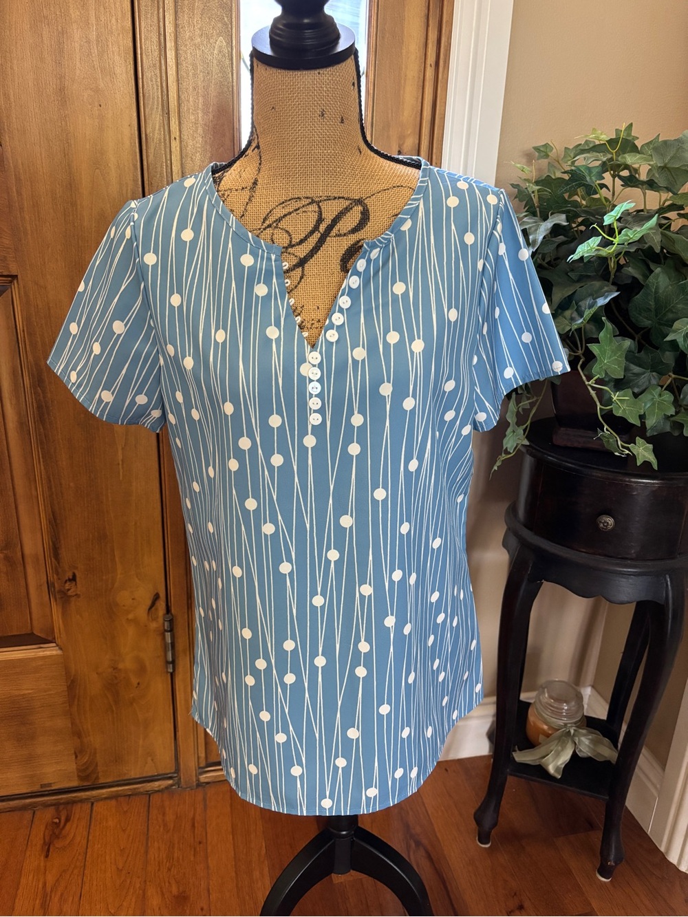 Women’s Blue Dot-Stripe Short Sleeve Top